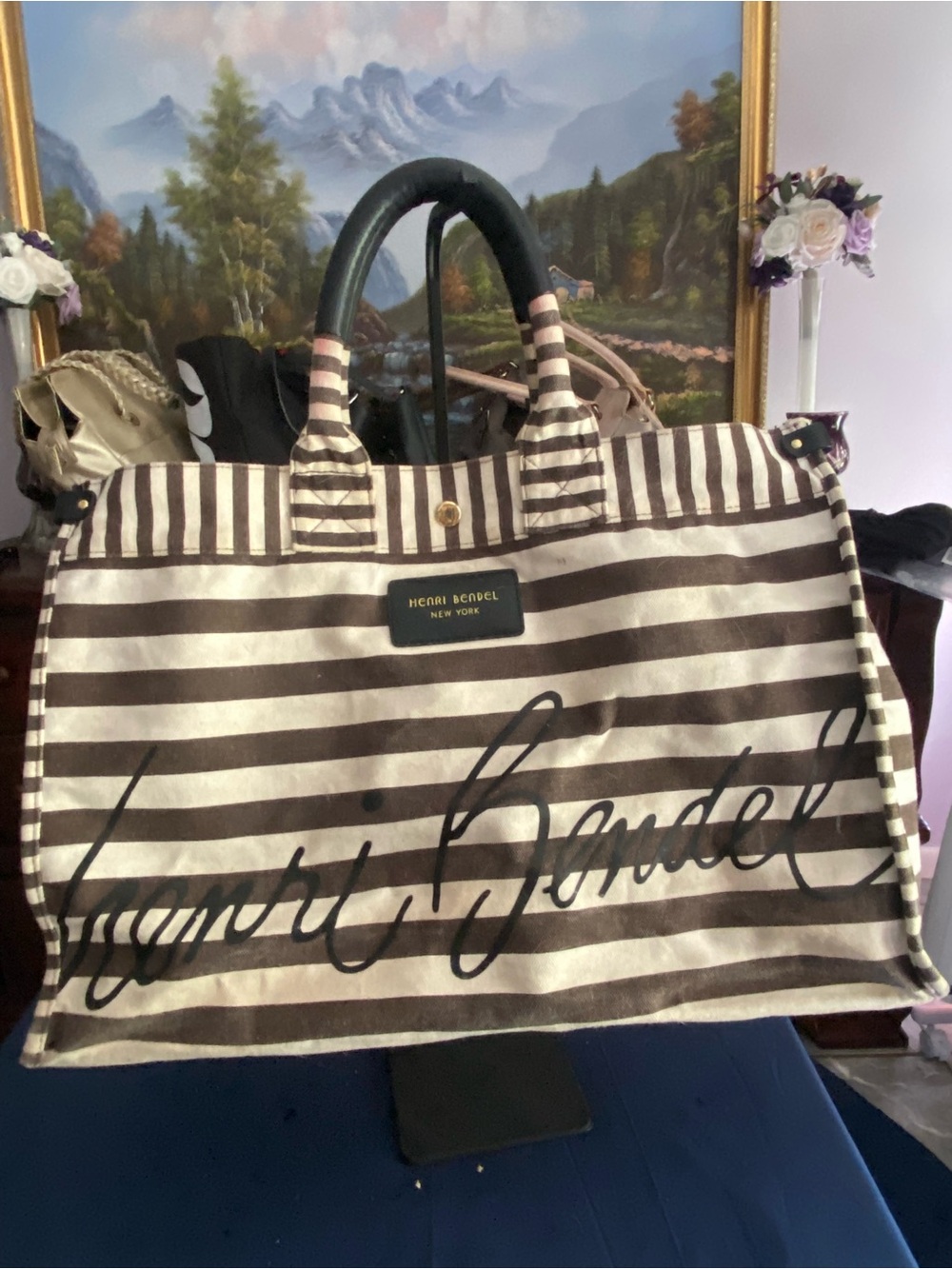 Rare henri bendel Signature Stripe XL Weekender Beach Tote Bag - Discontinued